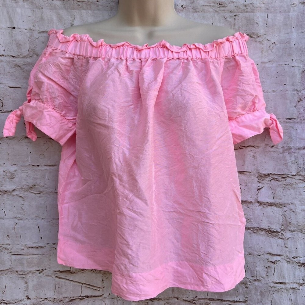 J. Crew Silk Shantung Off the Shoulder Bubblegum Pink Ruffle Tie Blouse Sz 8